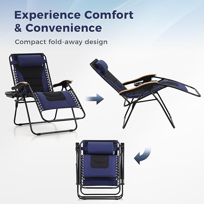 MAISON ARTS Oversized XXL Zero Gravity Chair Set of 2, 30" Wide Seat Padded Foldable Recliner, Anti Gravity Outdoor Lawn Chair for Poolside/Backyard/Beach, Supports 400lbs, Blue