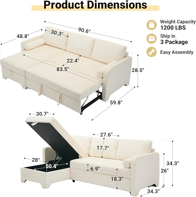 Tbfit 90.6'' 3 in 1 Sleeper Sofa Couch with Storage Chaise, Velvet Sofa Bed with Pull Out Bed, Convertible Sleeper Sofas for Living Room, Small Spaces, White