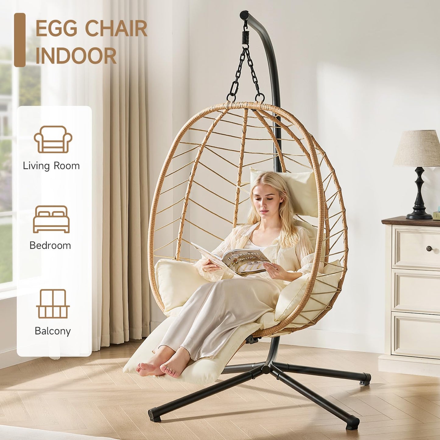 ONBRILL Hanging Egg Chair with Adjustable Footrest & Stand, Wicker Rattan Swing Hammock Chair with Cushion & Double Chains, 350LBS Capacity for Outdoor & Indoor Patio, Deck, Bedroom, Balcony (YE-BE)
