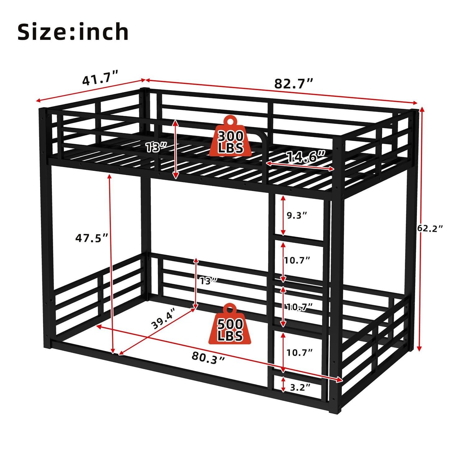 HKOLIE Twin XL Over Twin XL Metal Bunk Bed Frame, Heavy Duty Low Bunk with Full Length Guardrails, Noise-Free Design, Space-Saving Bed for Kids Teens Adults, Black