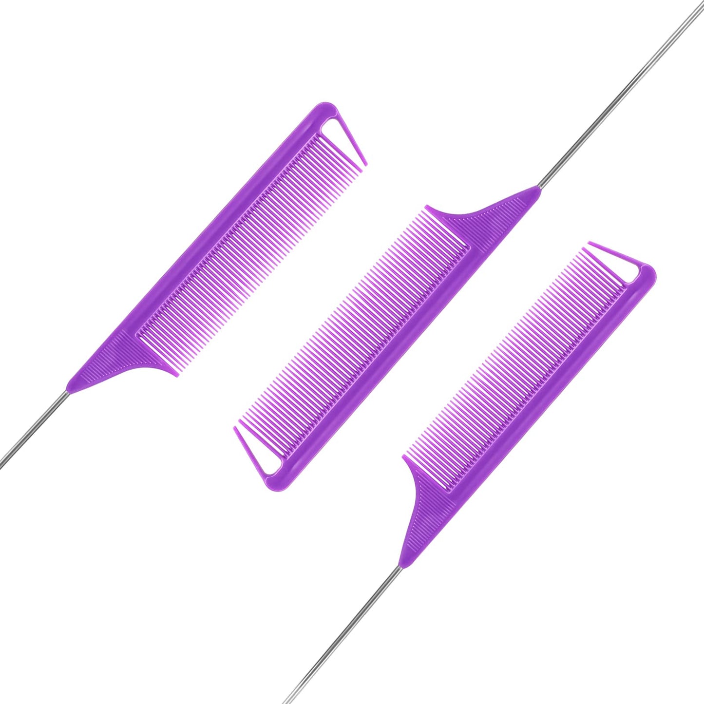 Rat Tail Steel Pin Teasing Combs Set: 3 Pack Hair Styling Combs for Parting and Teasing All Hair Types (Purple)