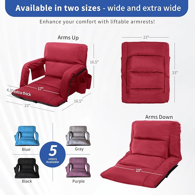 Stadium Seats with Back Support ,Wide Stadium Chairs with Back and Cushion, Sofa Style Stadium Seats, 6 Reclining Positions, Extra Thick Bleacher Seat for Sports Events (Red-1 Pack, Wide|22.5")