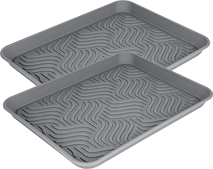 Boot Tray for Entryway Indoor, Heavy Duty Shoe Mat 2 Packs, 16.8"x12.8" Waterproof Shoe Tray with Raised Edge, Outdoor Multi-Purpose Tray for Boots, Garden, Pets (Grey)
