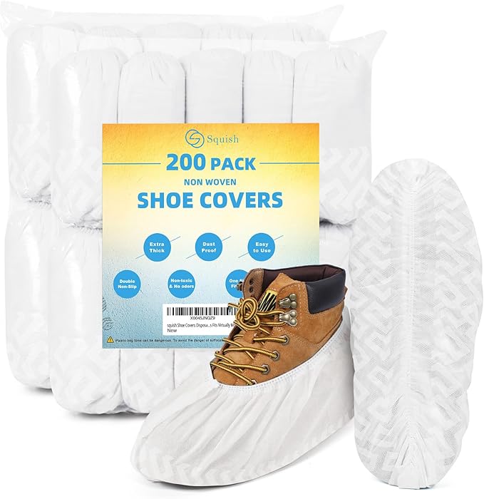 squish 200 Pack Shoe Covers Disposable Non-Slip, White Non-Woven Fabric Boot Covers for Indoors Breathable Slip Resistant Durable Boot&Shoes Cover, Protector Covers Fits Virtually Most Shoes