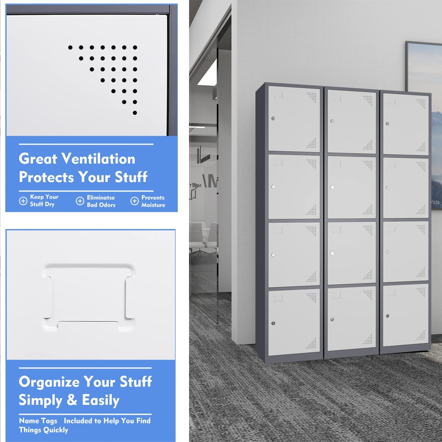 Yizosh Metal Locker for Gym, School, Office, 71" Metal Storage Locker Cabinets for Employees, Students Steel Lockers Four Tier with 4 Doors (Grey)