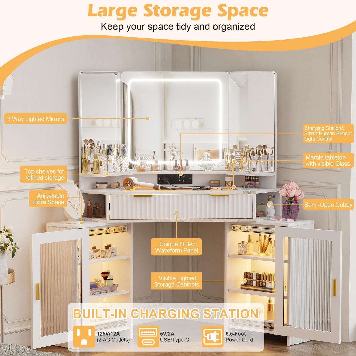 PAKASEPT Corner Vanity Desk with 3 Way Mirror and Lights, Fluted Makeup Vanity Desk with Glass Top, Charging Station, Storage Cabinets & Drawers, Small Corner Vanity for Bedroom