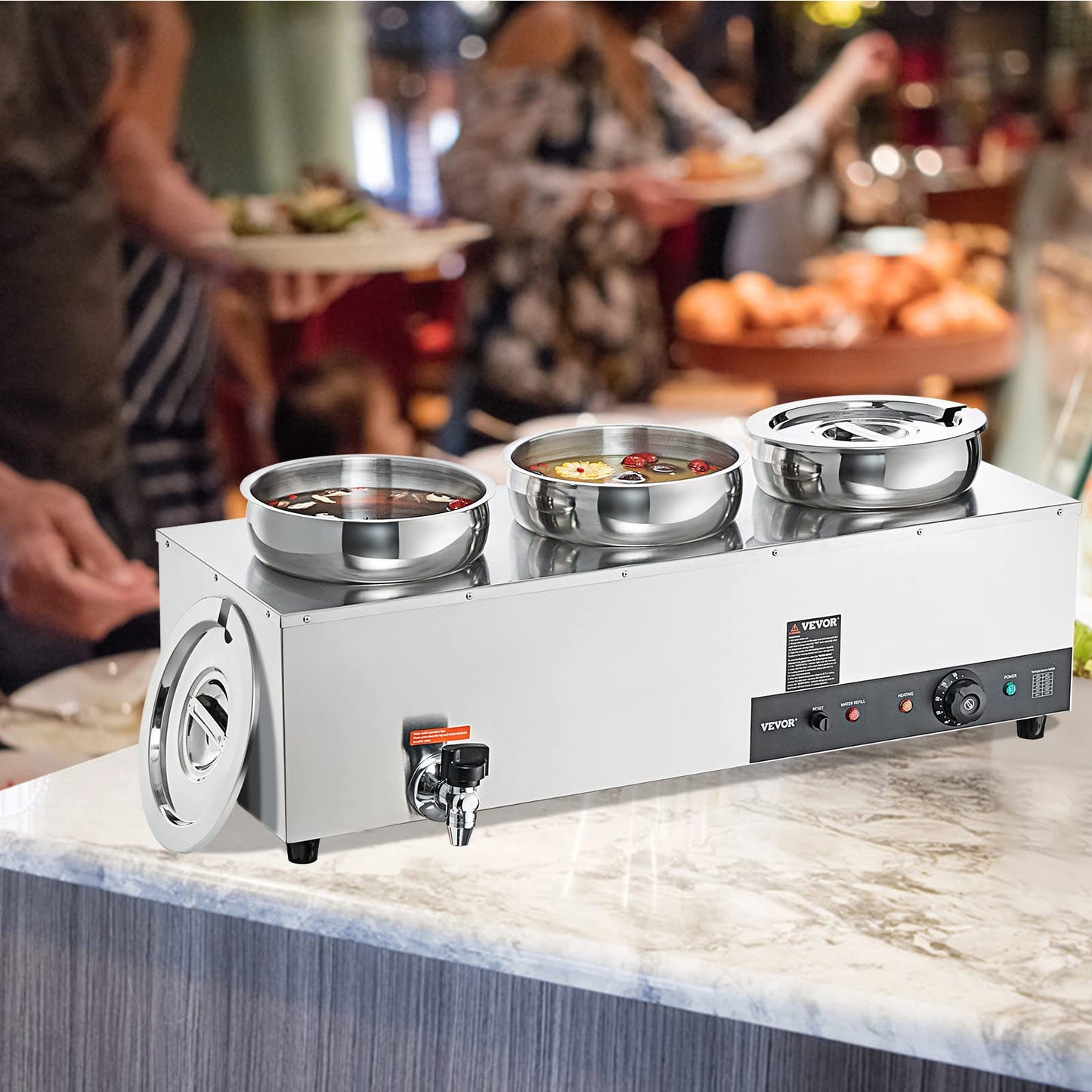 VEVOR Electric Soup Warmer, Three 7.4QT Stainless Steel Round Pot 86~185°F Adjustable Temp, 1200W Commercial Bain Marie with Anti-dry Burn and Reset Button, Soup Station for Restaurant, Buffet, Silver