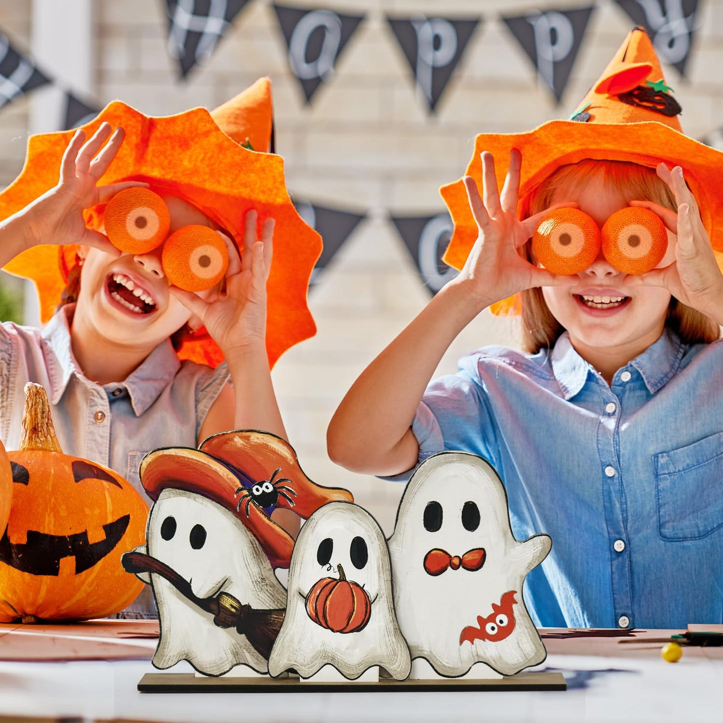 Smile Happy Halloween Wooden Table Decoration, Cute Ghost Spooky Standing Centerpieces, Indoor Decor for Desk Shelf and Party