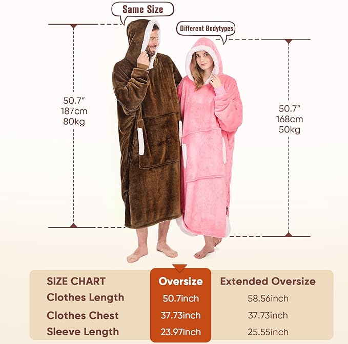 yescool Wearable Blanket Hoodie, Flannel Sherpa Fleece Blanket Sweatshirt for Adults Women Men,One Size Fits All