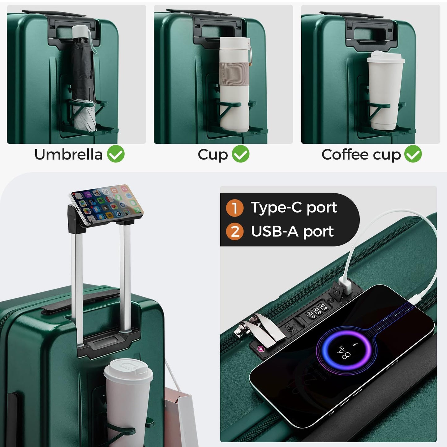 CASELLY Carry On Luggage Top Opening with Cup Holder & Phone Holder, Expandable PC Hard Shell Suitcase, USB Charging Port, Side Hook, 360° Spinner Wheels, TSA Lock & YKK Zippers for Fathers Day Gift