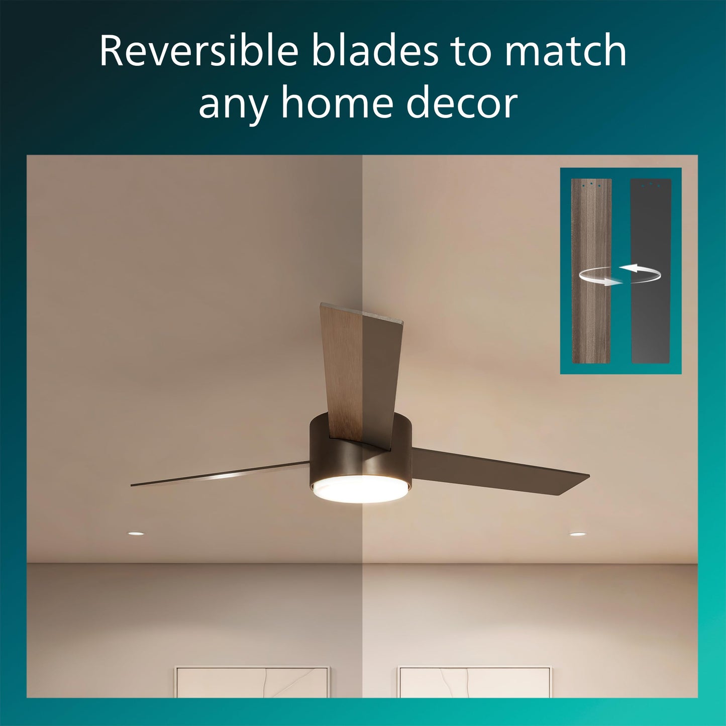 Philips Indoor Ceiling Fan, Dark, with Bright LED Light, 2650 lm, 3 Blades, 4800 CFM, 6 Speeds, 2 Airflow Modes, Selectable White Light, Dimmable, Robust, Reversible Blades