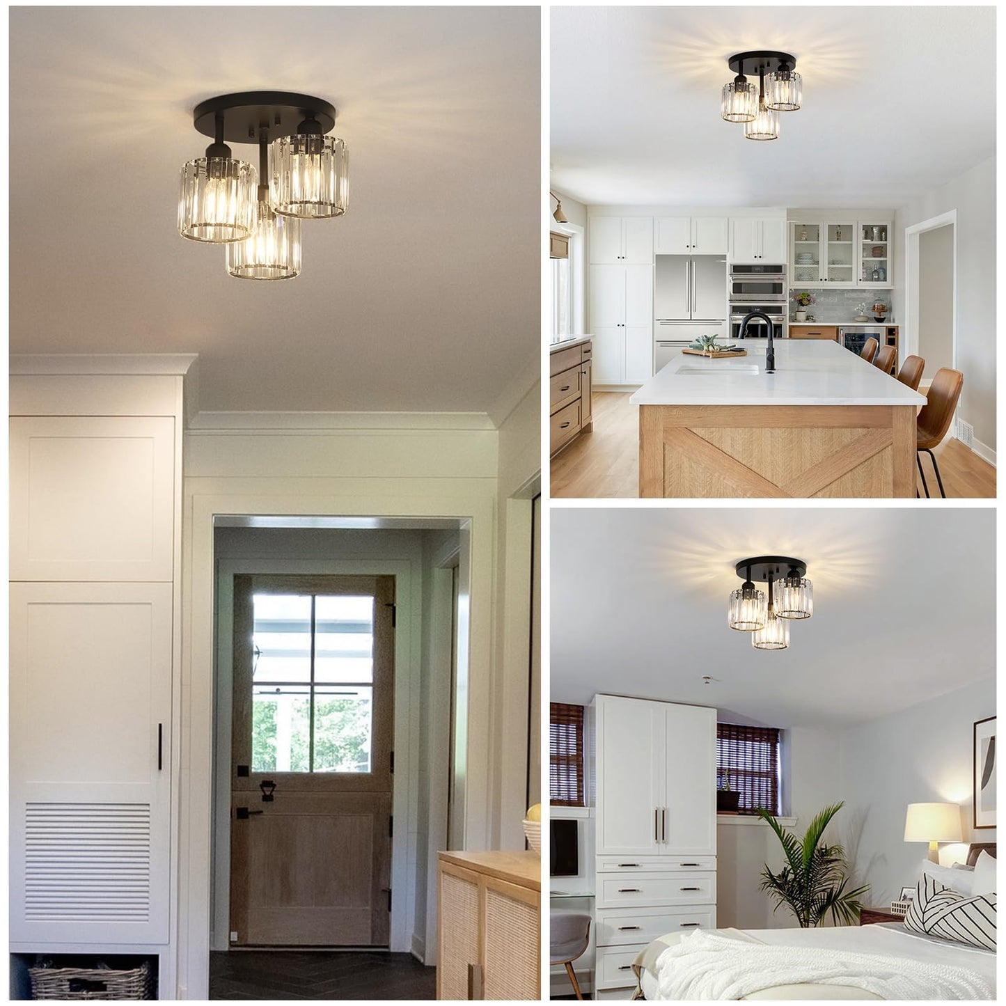 PAUFUL Crystal Semi Flush Mount Ceiling Light,3-Light Modern Close to Ceiling Light Fixtures,Black Kitchen Light Fixtures with Clear Crystal Shade,Hallway Light Fixtures for Hallway Bedroom Bathroom