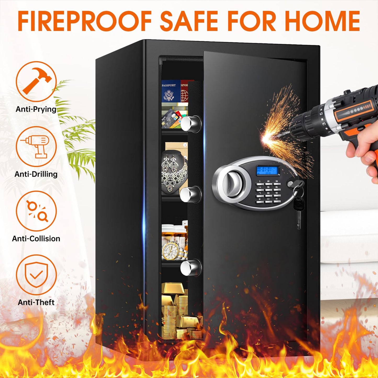 5.2 Cuft Large Safes for Home Use Fire and Water Proof, Heavy Duty Fireproof Safe with Programmable Keypad and Spare Keys, Anti-Theft Personal Security Home Safe Box for Money Document