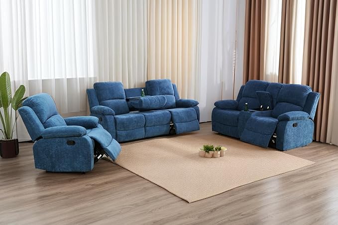A Ainehome Living Room Furniture Set Recliner Sofa Set Loveseat Chair Furniture Sofa Set for Living Room/Small Space/Rv/House/Office/Theater Seating (A-Blue Microfiber, 3 Piece Set)