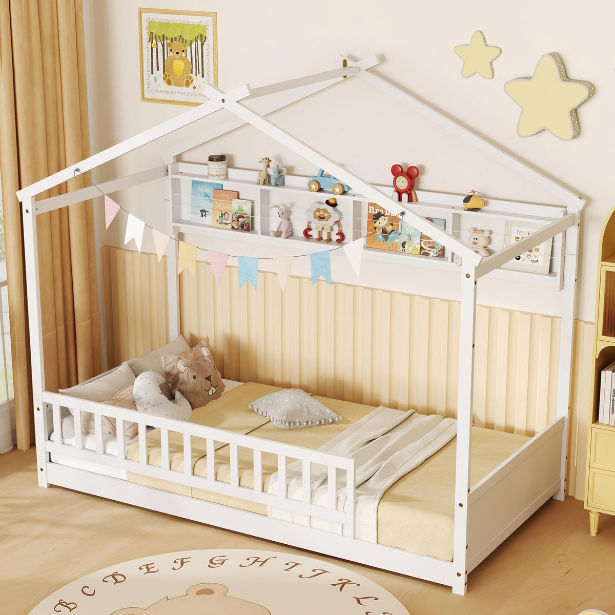 Giantex Twin Floor House Bed with Storage Shelf, Wood Twin Bed Frames with Headboard & Guardrail, Montessori Floor Bed Twin with Wooden Slat Support for Kids Boys Girls, Kids Bed, White