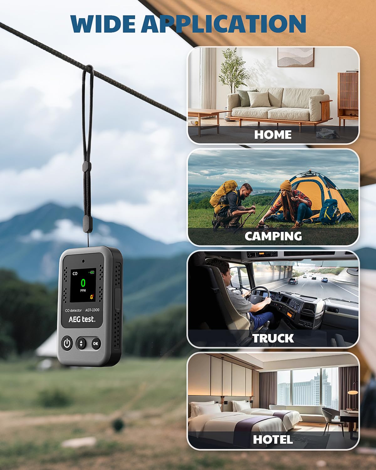 AEGTEST AGT-2309 Portable Carbon Monoxide Detector, 15-Day Standby, Rechargeable Mini CO Monitor with Lanyard for Travel & Camping, Handheld CO Meter with Audible & Visual Alerts, 0-1000ppm - Gray