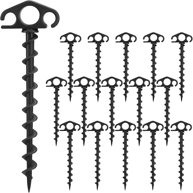 COBARYEN Tent Stakes Ground Anchors Screw in, 16 Pack Sand Stakes for Beach 9.4 Inch Heavy Duty Spiral Tent Pegs for Camping, Party, Hiking, Outdoor Decoration (16, Black)