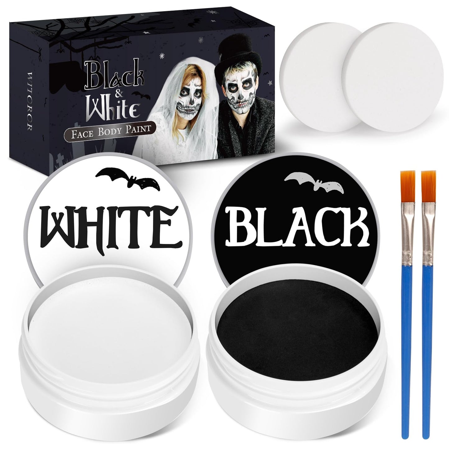 Black and White Face Body Paint with 2 Brushes and 2 Sponges, Non Toxic and High-capacity Cospaly Accessories for Kids & Adults, Art Special Effects Makeup Kit for Halloween Vampire and Clown Makeup