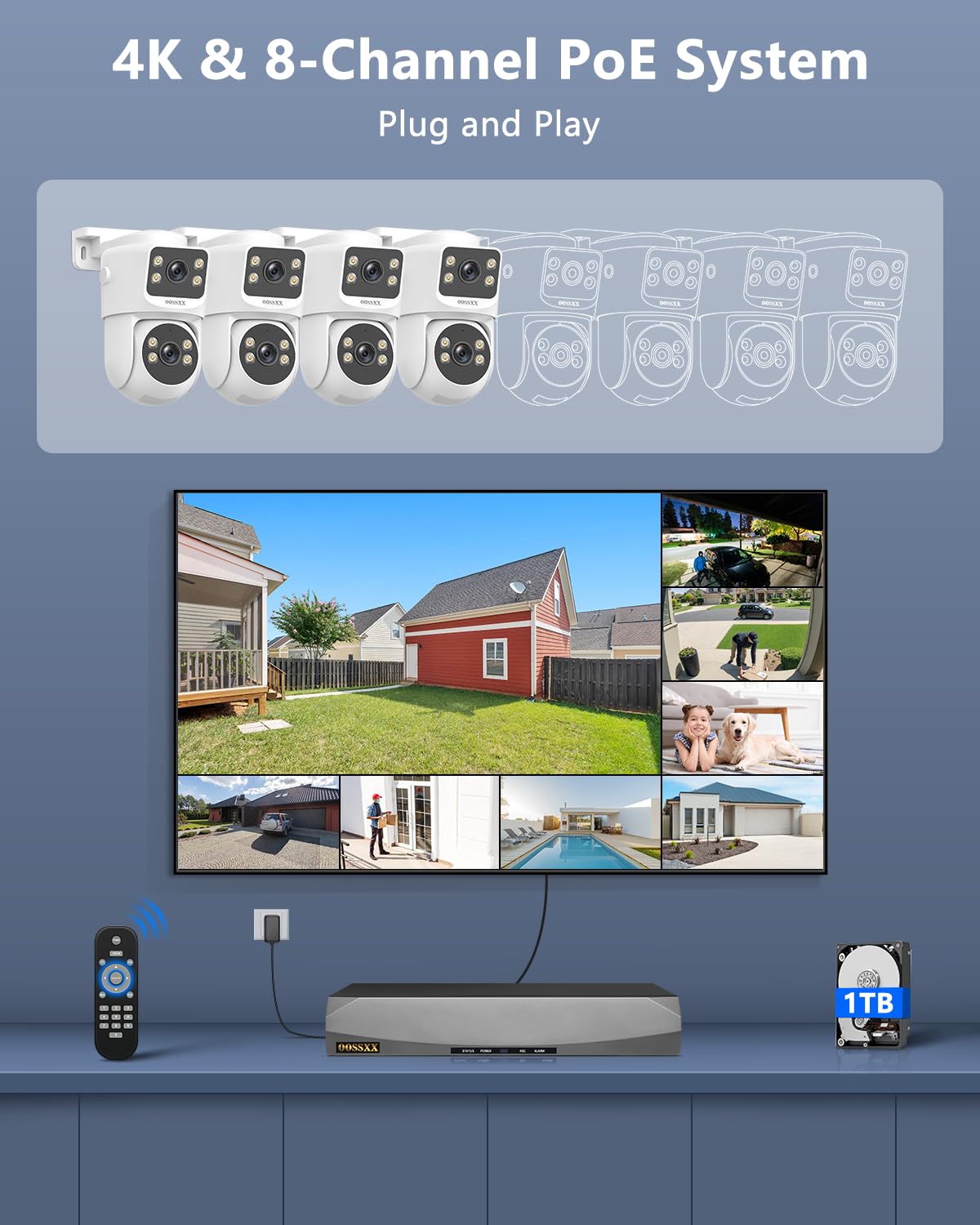 OOSSXX (2026 New) 4K PoE Security Camera System, 8CH NVR with 1TB HDD and 4 Dual Lens Cameras, Fixed + PTZ Auto Tracking, AI Human Detection, 2-Way Audio, No Monthly Fee