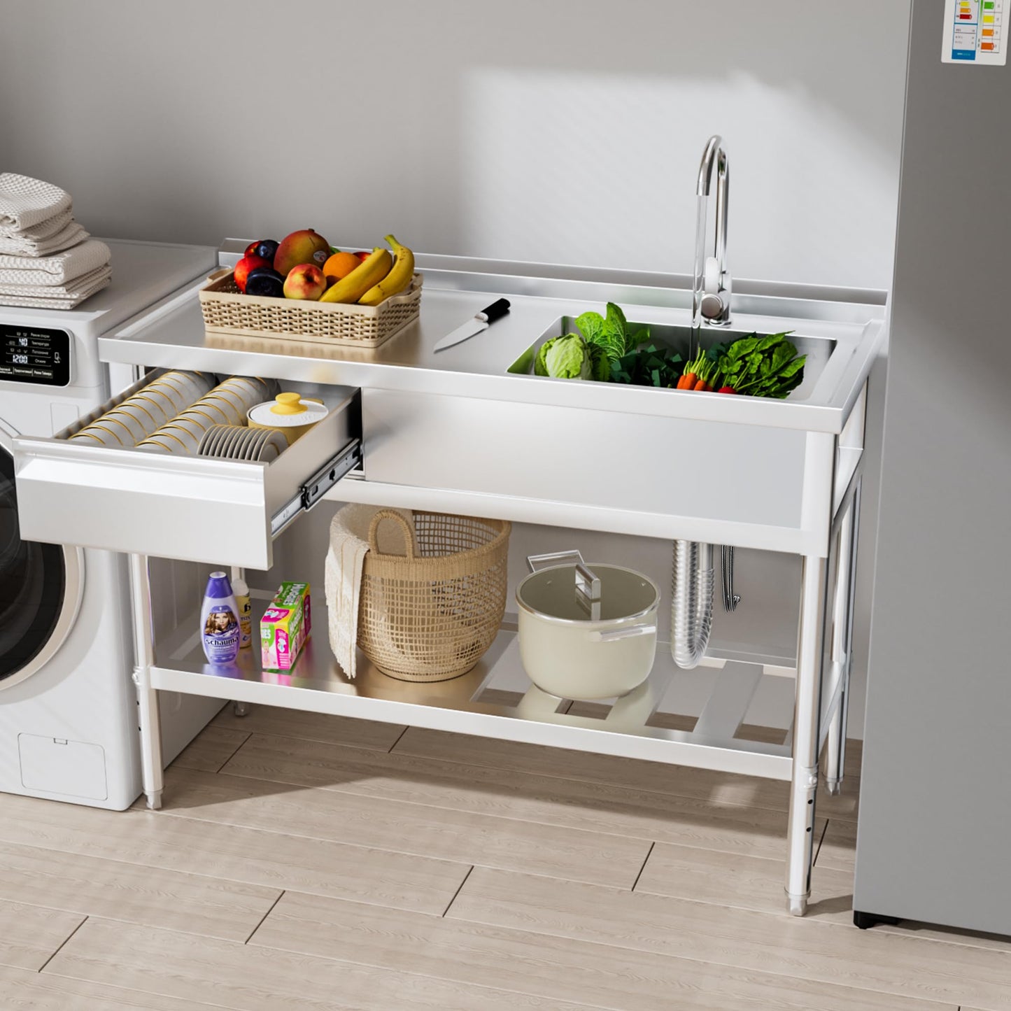39" 304 Stainless Steel Utility Sink with Faucet – Free Standing Single Bowl Kitchen Sink with Workbench & Drawer Storage, Hot/Cold Water Pipes for Laundry, Farmhouse & Outdoor Use