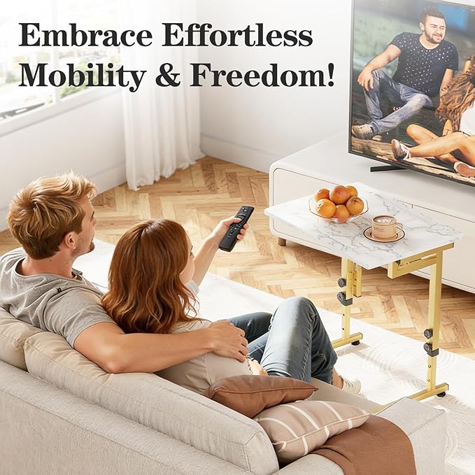 Katrawu Folding tv Tray Dinner Snack Table,6 Height Adjustable Slide Under Couch Side Table, Portable Small Foldable C-Shaped End Table for Eating with Sturdy MDF Top,No Assembly(White Marble+Gold)