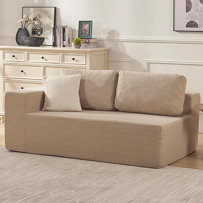 Furnify Loveseat Sofa, Cloud Modular Sofa Couch, Upholstered Floor Sofa with Deep Seat, Upholstered Foam Couch for Bedroom Living Room, No Assembly Required (Teddy Boucle, Camel)