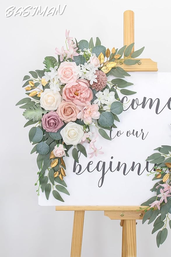 Arch Flowers (Pack of 2) for Wedding Ceremony Arbor and Reception Backdrop Decoration Wedding Welcome Signs Floral Birthday Party Decoration(White Pink)