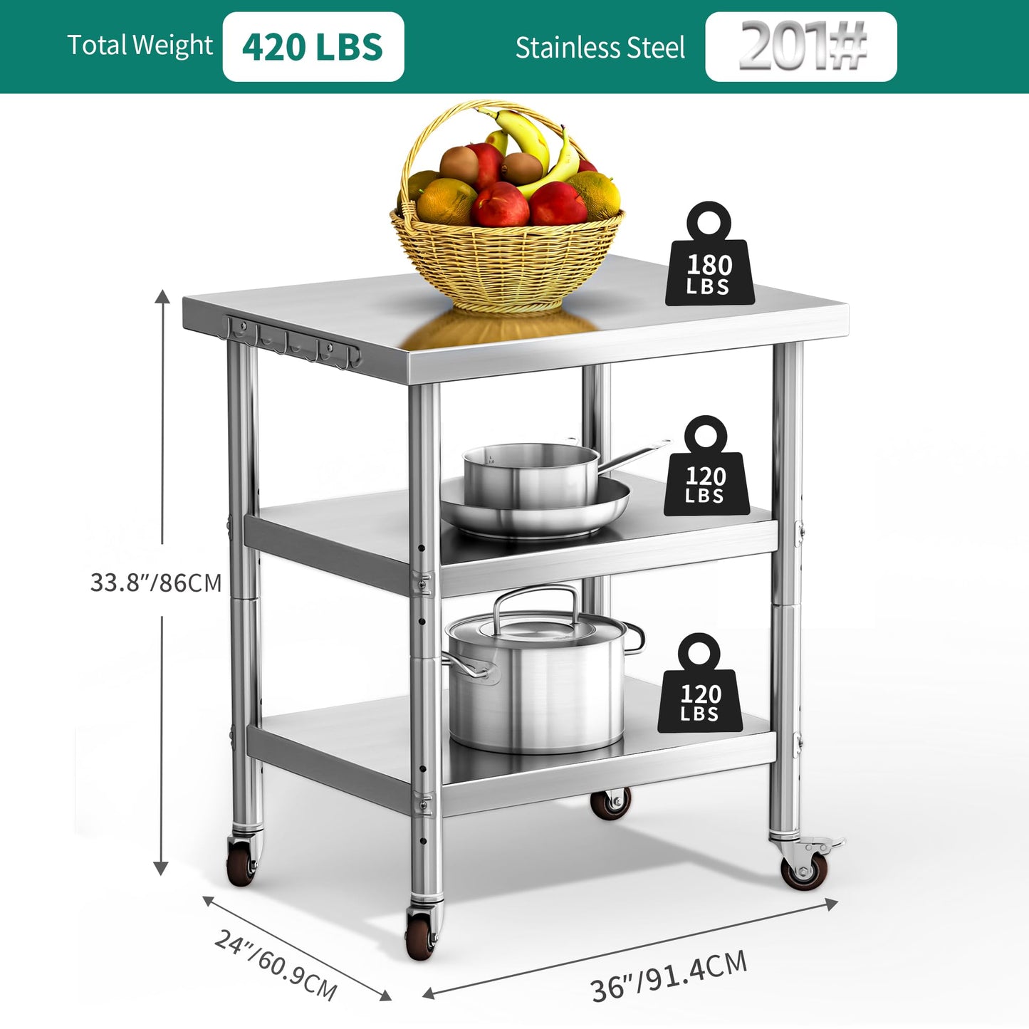 YITAHOME NSF Stainless Steel Table, 30" X 24" Work Table with Wheels, 3 Shelves Metal Prep Worktable for Home Kitchen Restaurant Garage Warehouse Outdoor