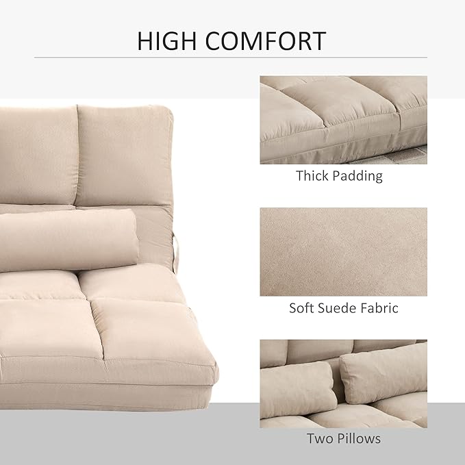 HOMCOM Convertible Floor Sofa Chair, Folding Couch Bed, Guest Chaise Lounge with 2 Pillows, Adjustable Backrest and Headrest, 51.25" L, Beige