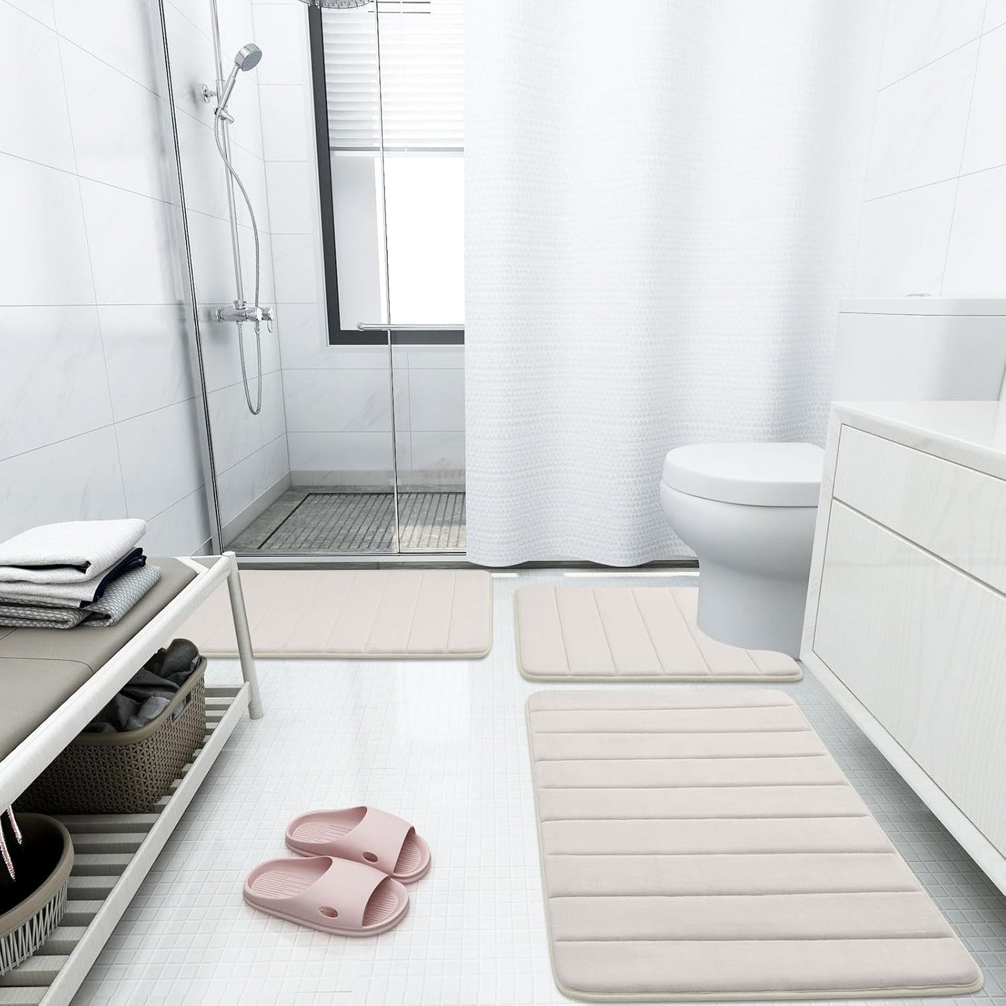 Buganda Memory Foam Bath Mat, 47" x 32", Ultra Soft and Non-Slip Bathroom Rugs, Water Absorbent and Machine Washable Bath Rug Runner for Bathroom, Shower, and Tub, Cream