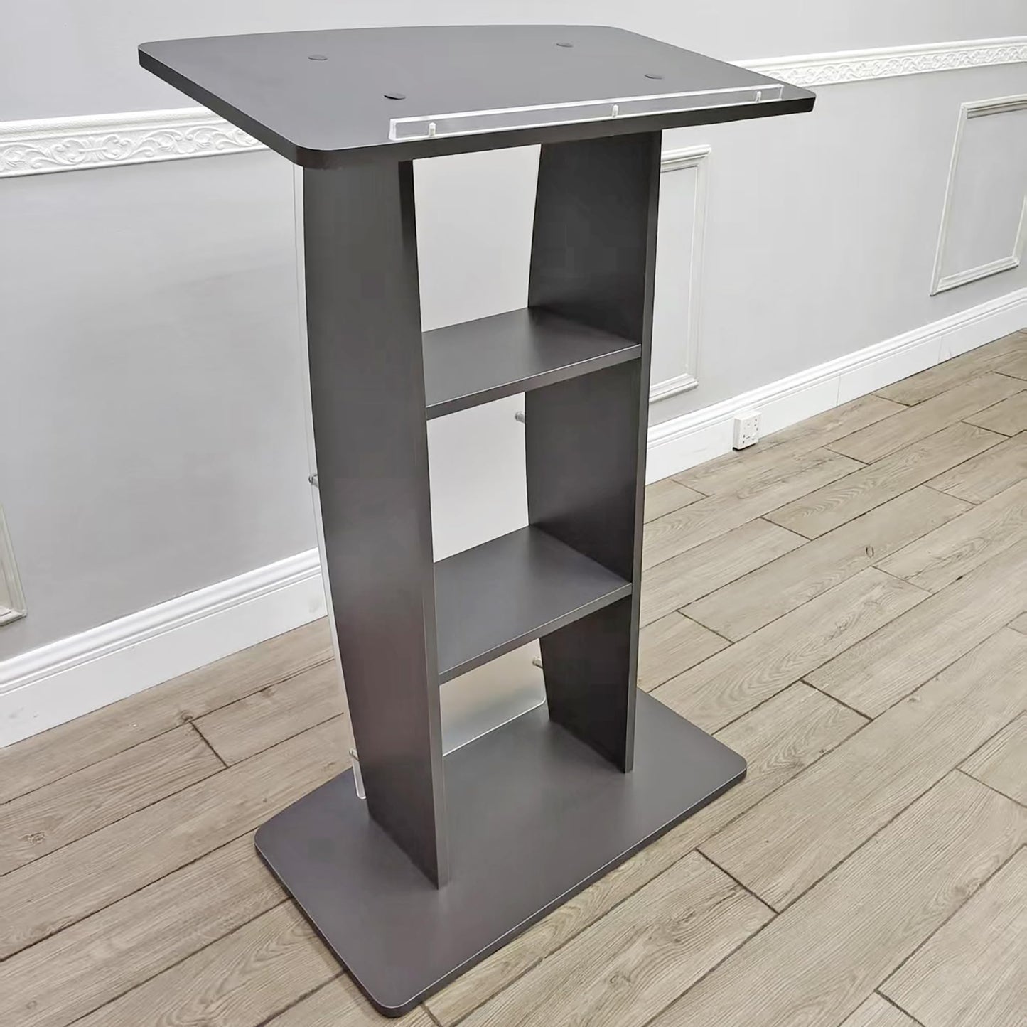 FixtureDisplays® 44.3" Tall Podium for Floor, Curved Frosted Front Acrylic Panel - Dark Grey 19658-GREY