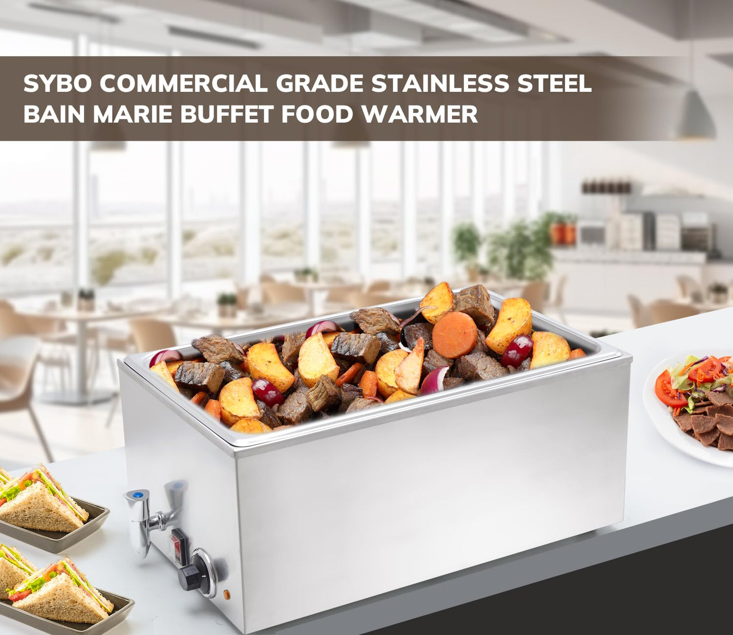 SYBO Commercial Grade Stainless Steel Bain Marie Buffet Food Warmer Steam Table for Catering and Restaurants (1 Section with Tap)