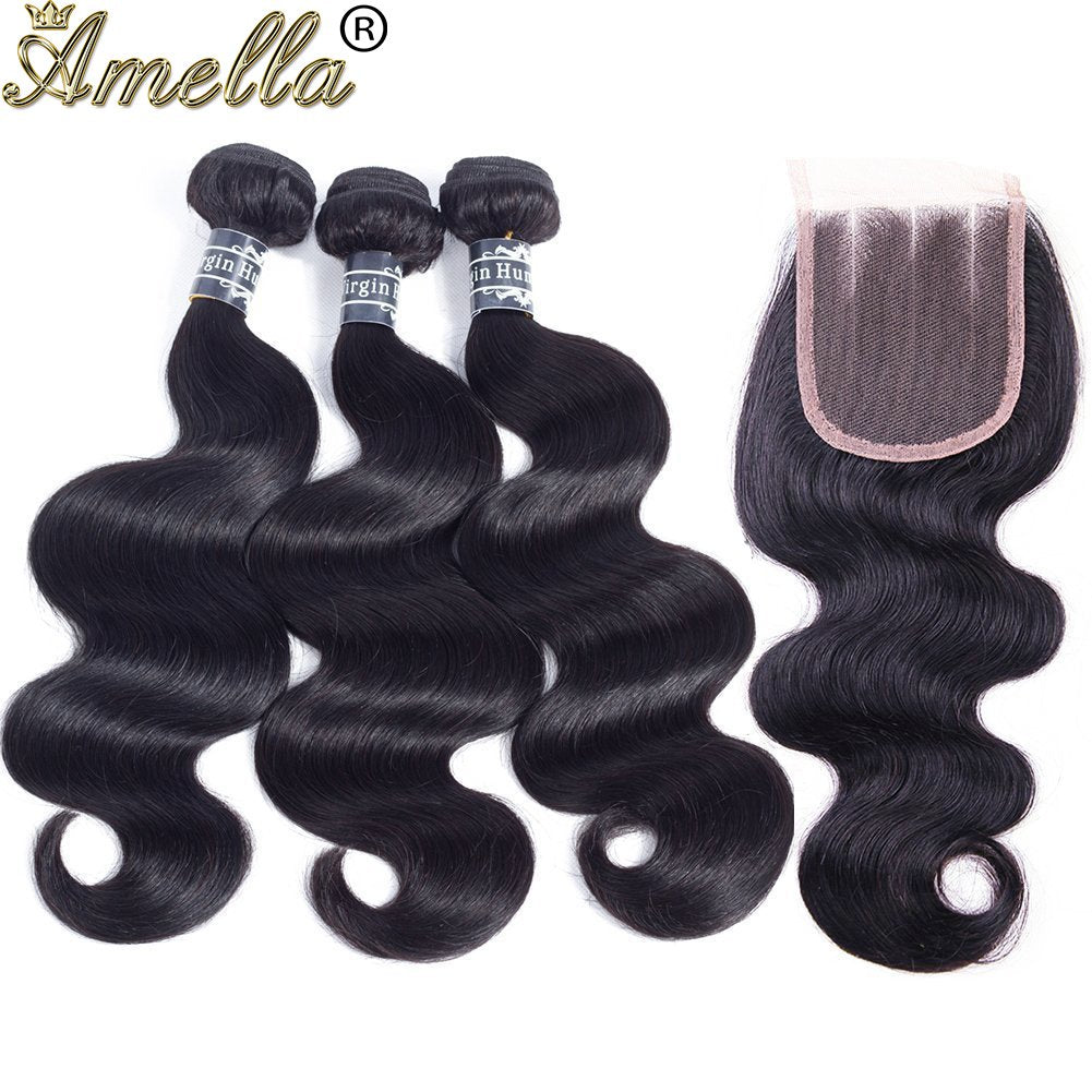 Amella Hair 8A Grade Brazilian Virgin Hair Body Wave 3 Bundles with Closure (14 16 18+14Closure,Three Part) 100% Unprocessed Bra