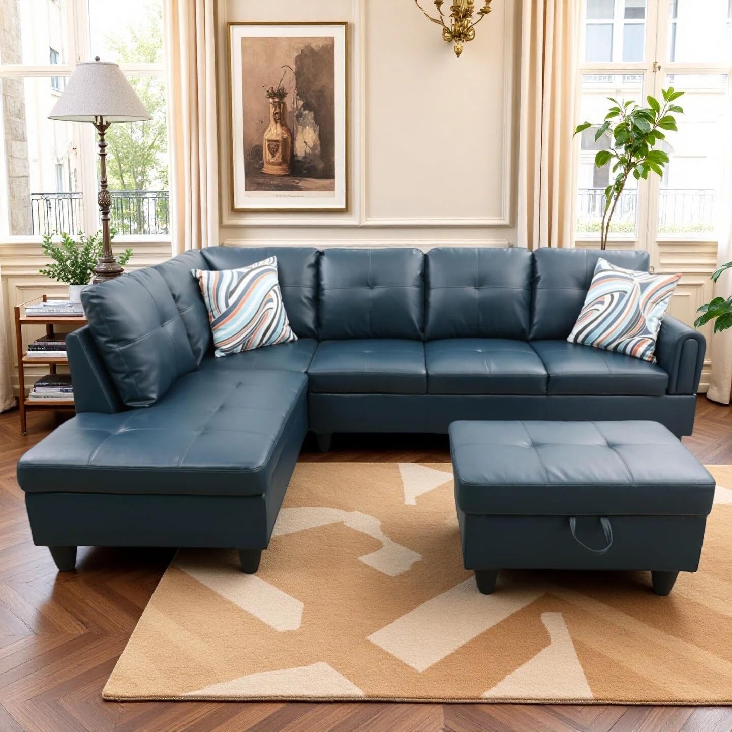 Trygoal L Shaped Couch Sectional Couches with Chaise and Storage Ottoman, 3 Pieces Modular Convertible Sofa for Living Room Furniture Sets and Small Apartment Faux Leather, Grey Blue