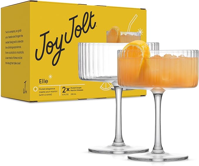 JoyJolt Elle Fluted 10oz Coupe Glass Set of 2, Unique Champagne Glasses for Cocktails and Martinis, Ribbed Vintage Style D...