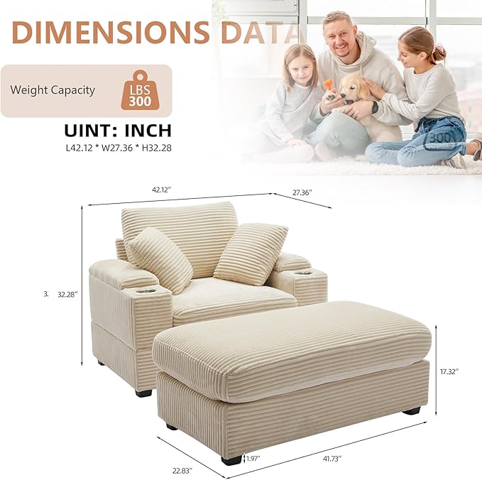 50" Oversized Chaise Lounge Chair Indoor with Ottoman and Storage, Comfy Corduroy Sleeper Chair with Cup Holder, Deep Seat Upholstered reading Chair, Reclining Chair for Living Room, Bedroom(Beige)