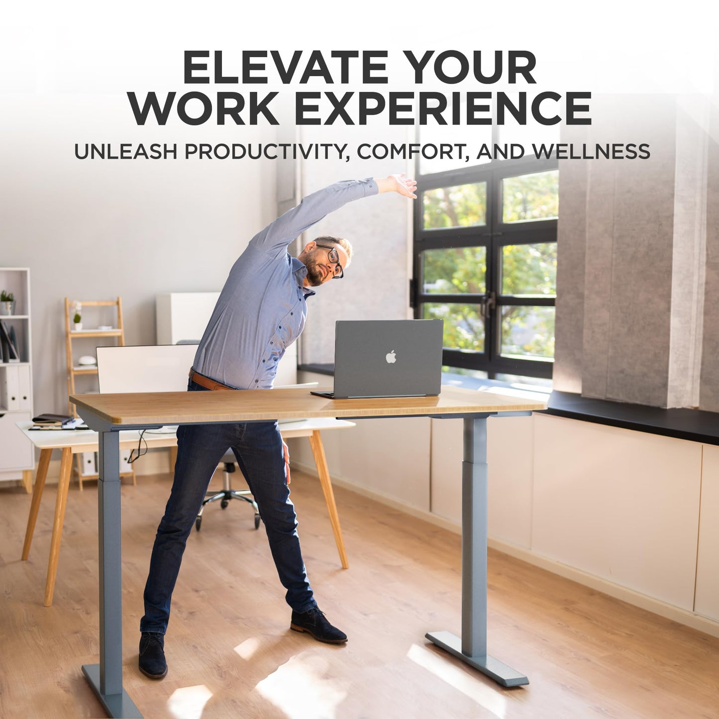 RISE UP dual motor electric standing desk 60x30" black bamboo desktop premium ergonomic adjustable height sit stand up home office computer desk table motorized powered modern furniture small standup