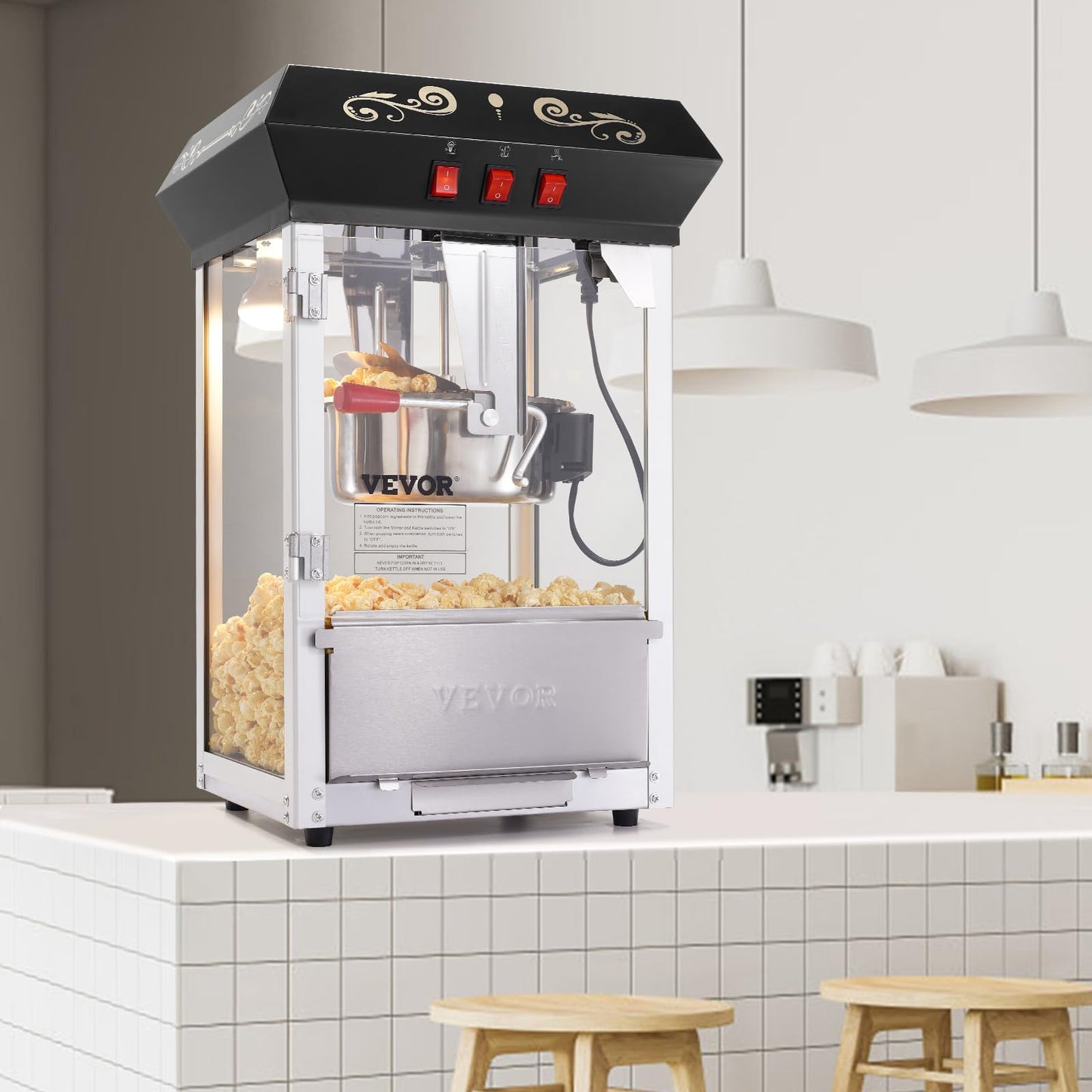VEVOR Popcorn Maker, 850W Popcorn Popper Machine, 8 Oz Kettle Makes 48 Cups per Batch, Countertop Popcorn Maker with Tempered Glass, Includes 4 Scoops, Movie Theater Style, Black