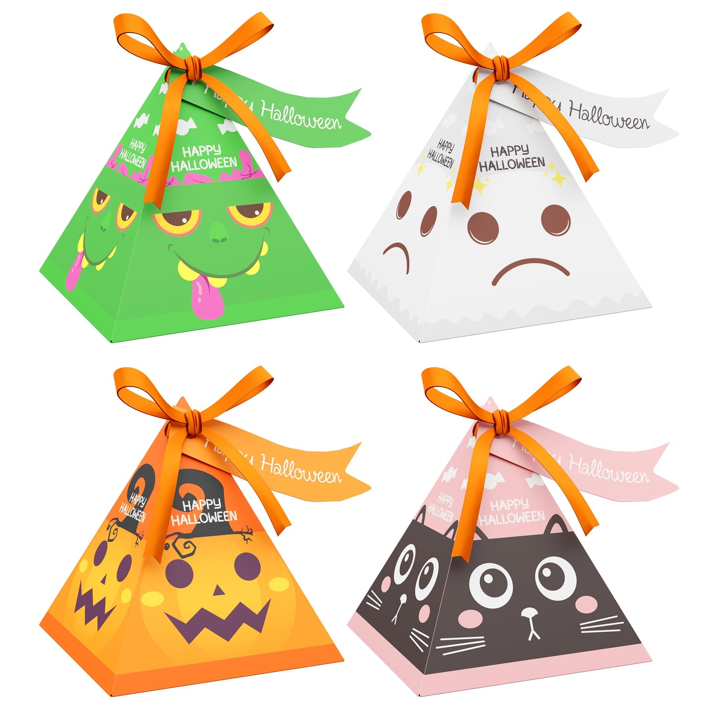 Giphtkom 24PCS Cute Halloween Candy Boxes for Trick or Treat, Enlarge Design Snacks Goodie Boxes, 4 of Cute Pumpkin Ghost Zombie and Cat Patterns for Kids Halloween Party Favor Supplies