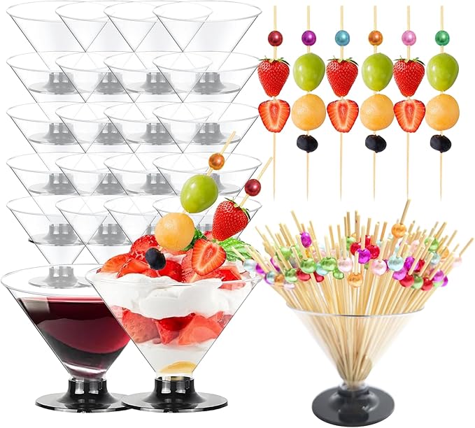 EAEDMY 20 Pack Plastic Martini Glasses Disposable 5oz 7oz with 50 Cocktail Sticks Bundle, Disposable Plastic Cocktail Marg...