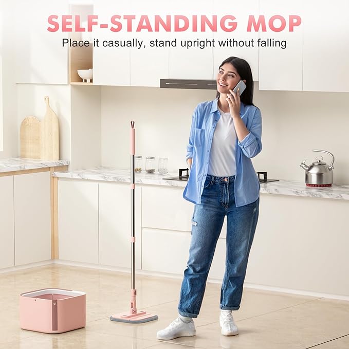 Upgraded Self-Standing Spin Mop and Bucket System, Detachable Inner Mop Bucket Separates Dirty Water & 90° Foldable Head, Triple-Scrub System, 0.9Gal Dual Drainage, for Hardwood Floors (Pink 6 Pads)