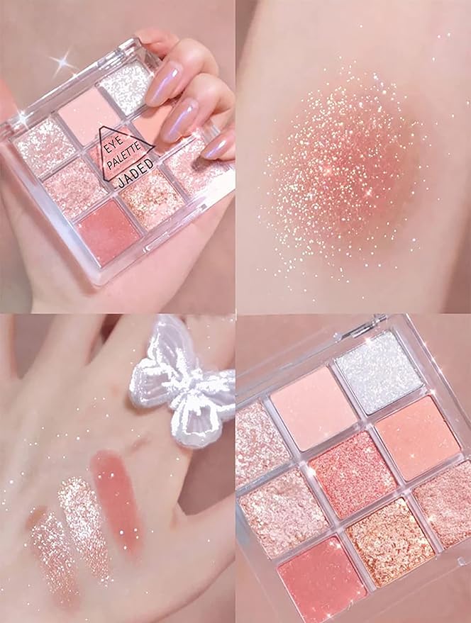 Kayswang 9 colors glitter eyeshadow palette makeup palette matte high pigment color cream texture natural eye shadow powder eye shadow palette in autumn winter long lasting waterproof (pink+orange)