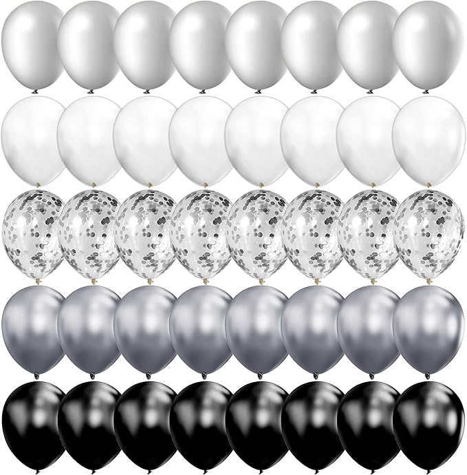 100pcs Chrome Metallic Balloons and Confetti Balloons 12 Inch Latex Party Balloons Silver Black White Balloon for Wedding ...