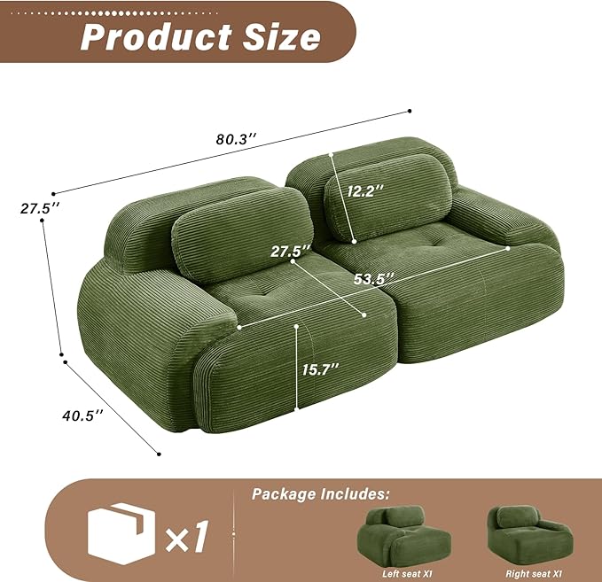 SoarFlash 81" Loveseat Sofa, Comfy Deep Seat, No Assembly, Sofa in a Box, Modern Small Couch with Plush Corduroy Fabric for Living Room, Bedroom, Apartment, Home Office, Green