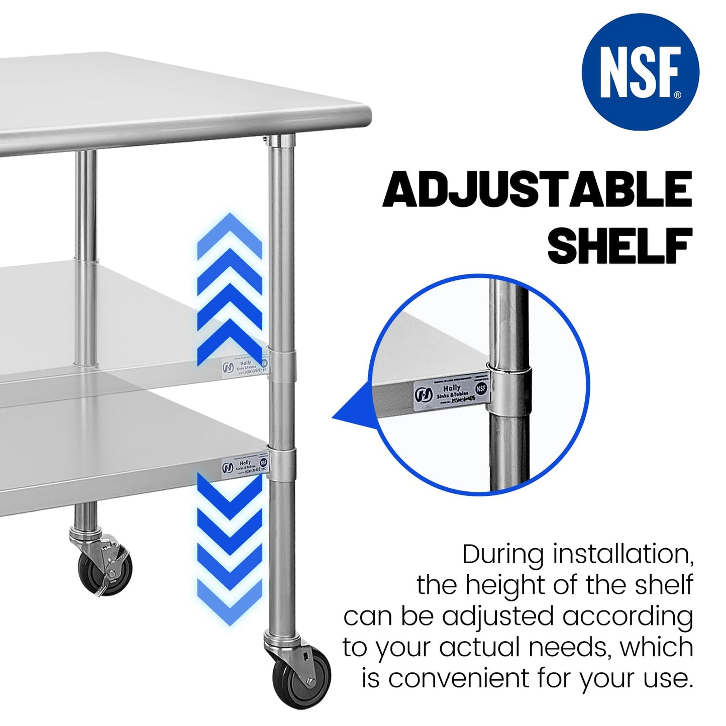 Hally Stainless Steel Table for Prep & Work 30 x 60 Inches with Caster Wheels, NSF Commercial Heavy Duty Table with Undershelf and Galvanized Legs for Restaurant, Home and Hotel