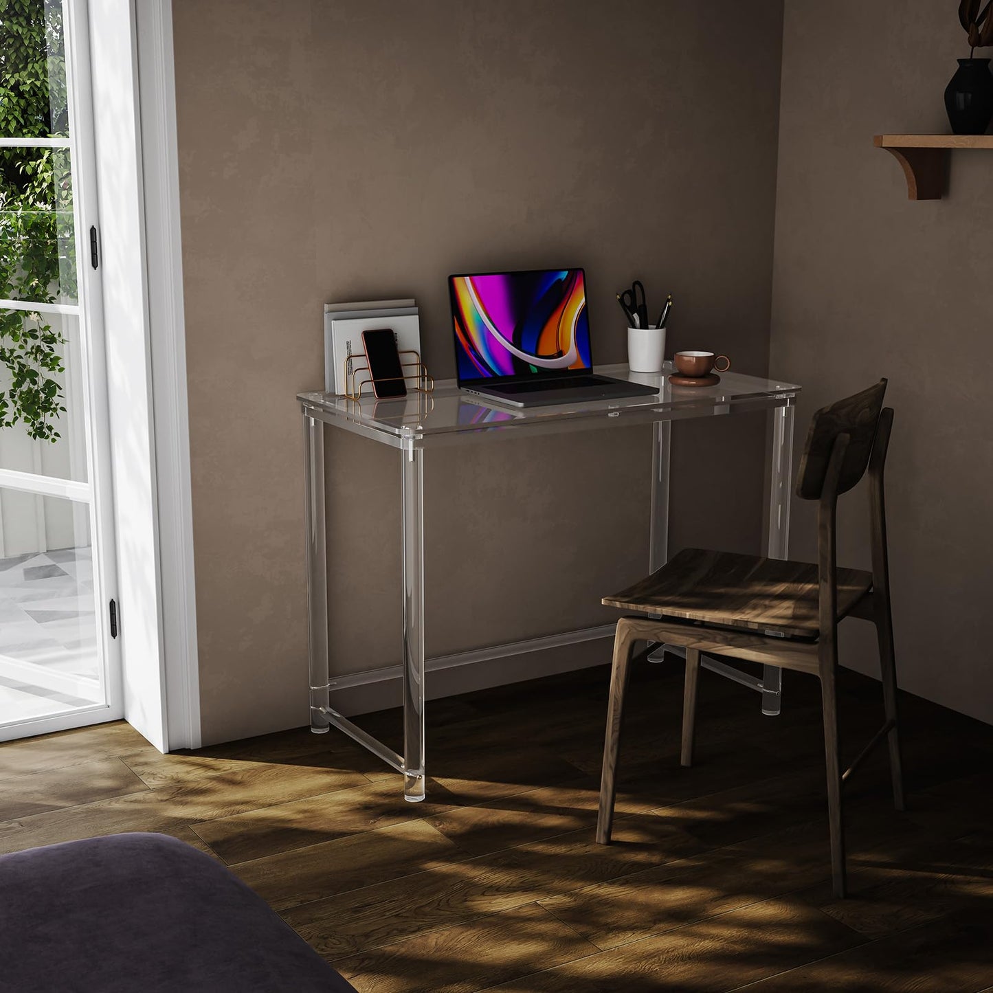 HMYHUM Acrylic Desk, Clear Desk for Home Office for Laptop, Study, Writing, Vanity Table with Cylindrical Legs, Modern, Easy Assembly, 39.4" L x 19.7" W x 29.5" H