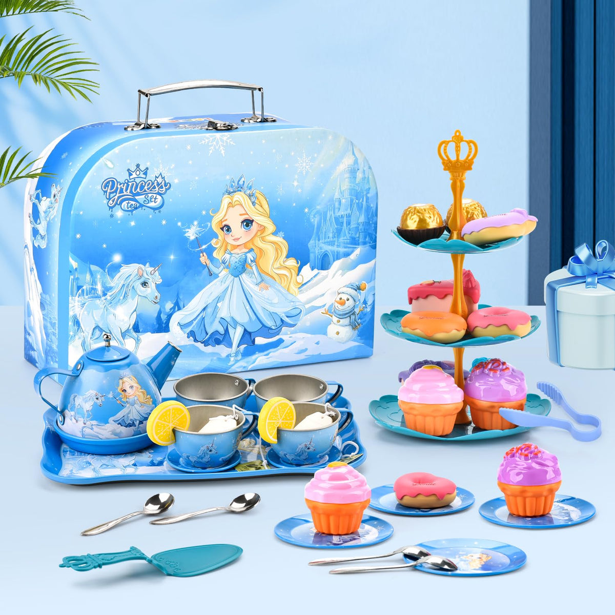 Amplov 43-Piece Princess Tea Set Playset for Kids – Pretend Play Kitchen Toy with Teapot, Desserts & Carrying Case | Toddler Tea Party Toys, Imaginative Role Play, Birthday Gift for Girls Ages 3-8