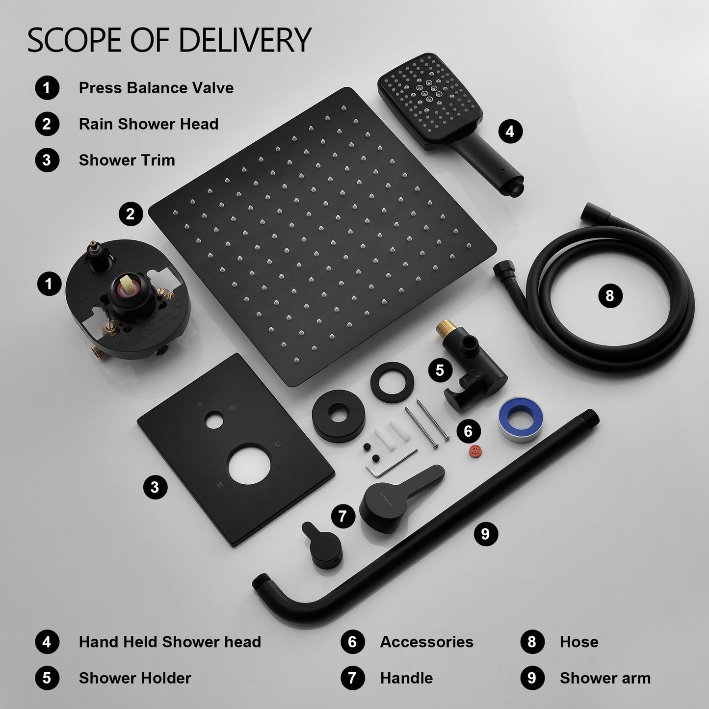 Lavatrum Shower Faucet Set Wall Mounted Shower head with Handheld Comb Rain System 6 Function Pressure Balance - Stainless Steel Bathroom Shower Kit Complete 12 Inch Matte Black(With Valve)