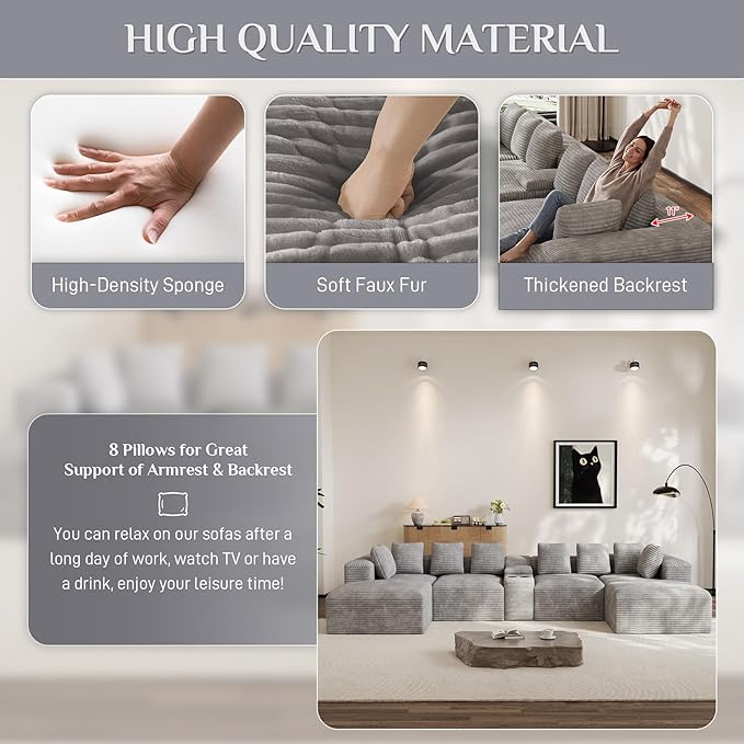 Modular Sectional Sofa with USB Cup Holders Storage, 143" U Shaped Cloud Couch Plush Corduroy Deep Seat Boneless Sofas with Double Chaise Lounge Sectional Couches Memory Foam for Living Room - Grey