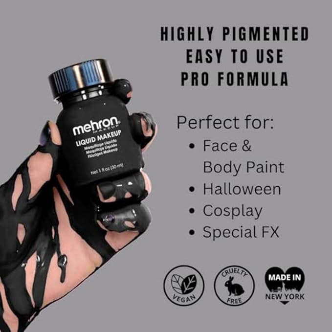 Mehron Makeup Liquid Makeup | Face Paint and Body Paint Perfect for Halloween, Cosplay I Air Brush Compatible (1 oz) (BLACK)